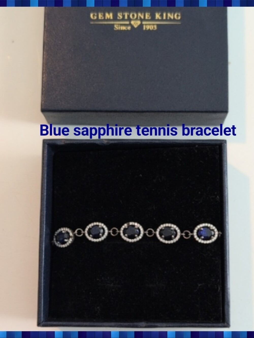 Blue Sapphire Tennis Bracelet Sterling Silver With Diamond Chip Accents